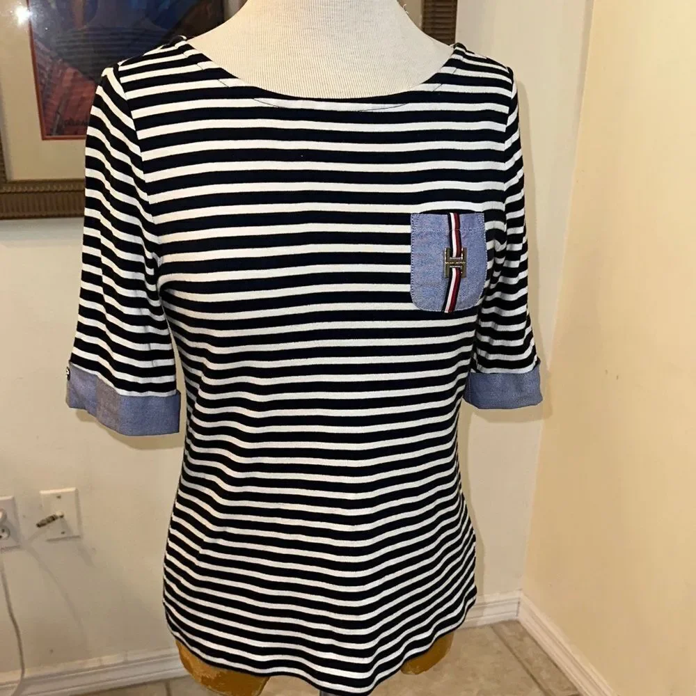 Tommy Hilfiger Navy Striped Women's Top with Pocket Detail Size S/P